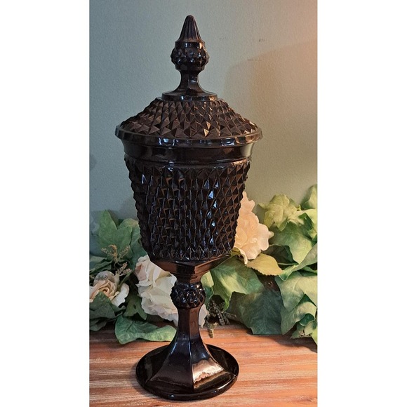 Vintage Indiana Black Glass Tiara Diamond Point 15" Pedestal Compote w/Lid Candy - Picture 4 of 6